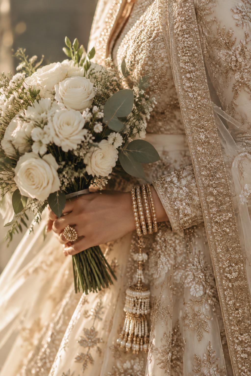 Bride holding an ivory floral bouquet