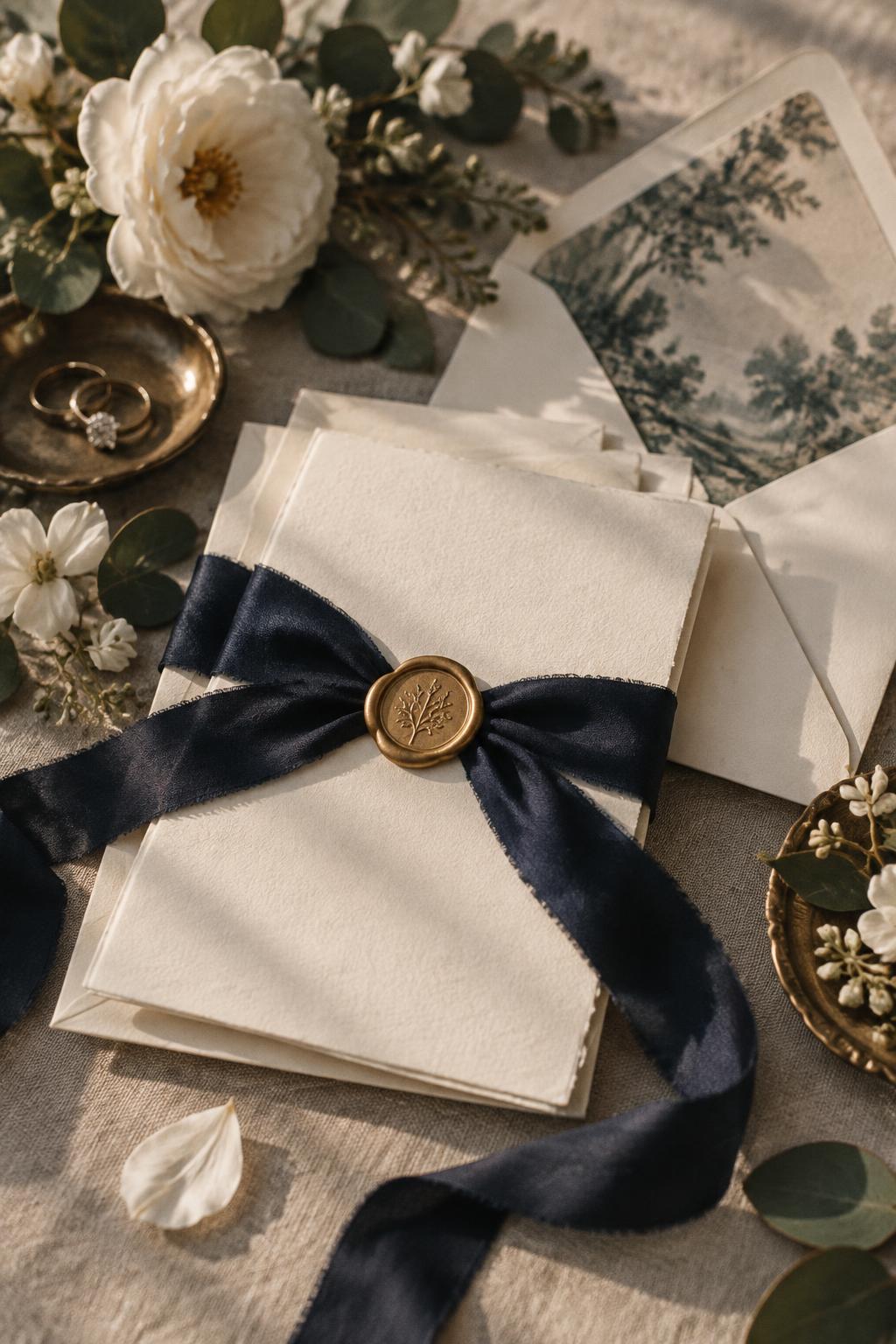Ivory wedding stationery tied with navy ribbon