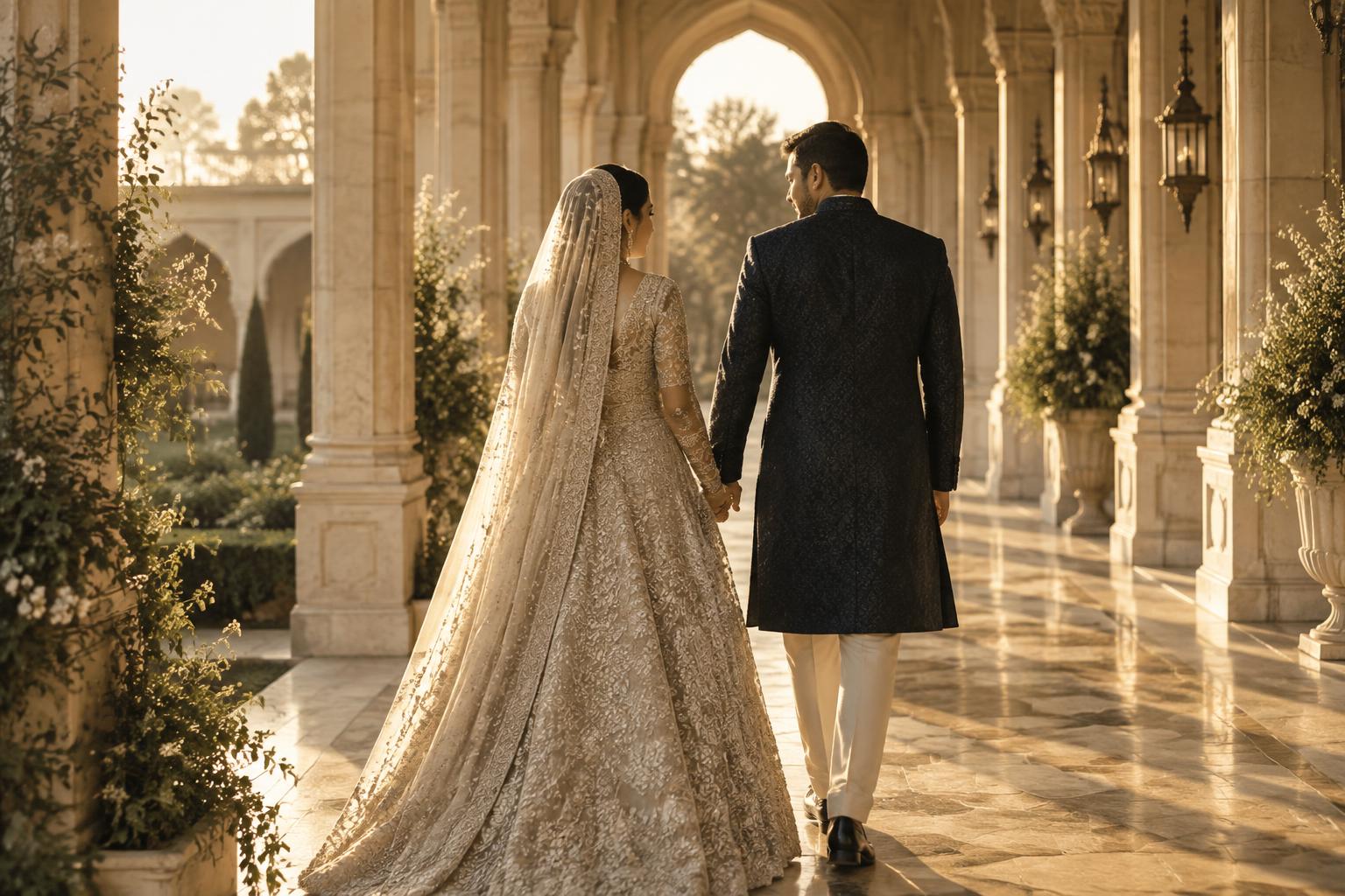 A bride and groom walking together through a sunlit colonnade
